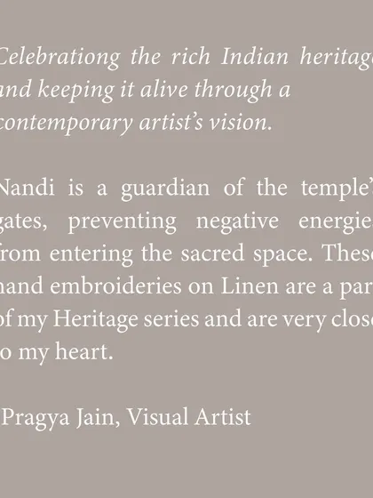 This text explains the inspiration behind my Heritage series. Nandi, the guardian of temple gates, is a powerful symbol, and I celebrate this rich Indian heritage through a contemporary artist's vision.