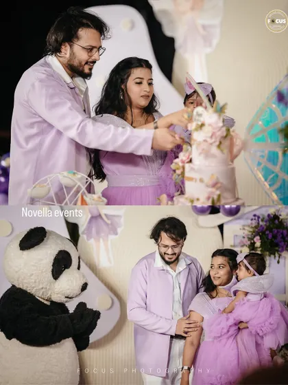 A collage from the lavender fairy party, showing the cake cutting and a fun moment with a panda mascot.