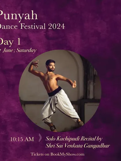 We showcase a variety of classical forms at the festival. This poster highlights a solo Kuchipudi recital by Shri Sai Venkata Gangadhar, one of the morning performances on Day 1.