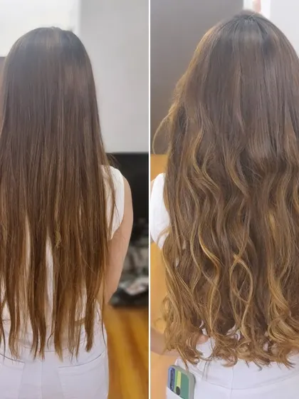 From straight and one-dimensional to long, wavy, and highlighted. This transformation adds so much texture and visual interest.