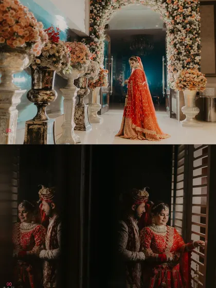 A collage of artistic wedding portraits, featuring a grand shot of the bride in a floral archway and a moody, reflective shot of the couple by a window.