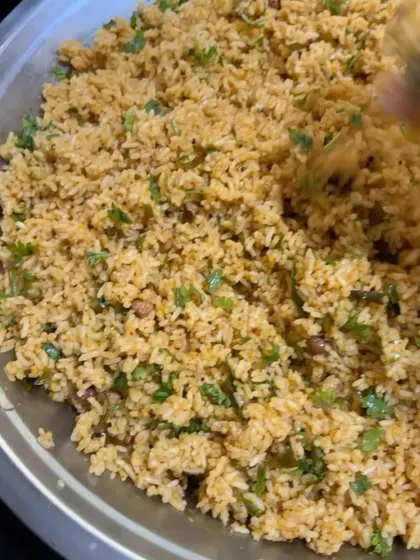 The final mix of my homemade Puliogare, generously garnished with fresh coriander. The aroma of freshly ground spices makes all the difference.