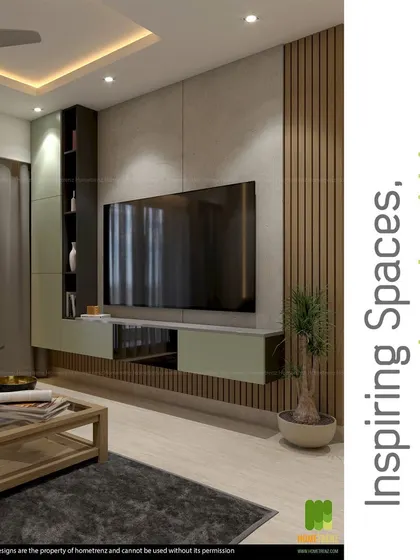 A contemporary TV unit design combining light green cabinetry with dark wood fluted panels. The floating console creates a sense of spaciousness, while the vertical elements add height to the room.