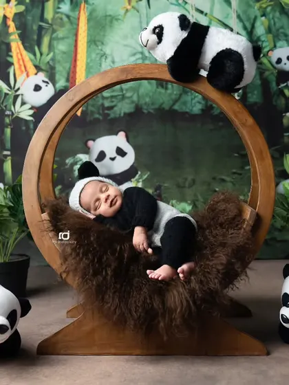 This baby panda is sleeping peacefully in a round wooden prop, surrounded by a bamboo forest backdrop.