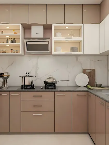 Glass-front cabinets with built-in lighting are a perfect solution for displaying your favorite glassware or crockery. They add a touch of elegance and break the monotony of solid cabinet doors.