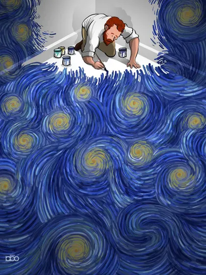 Cornered by emptiness, Vincent paints his way out, filling the floor with the swirling patterns of his 'Starry Night'. This piece is about finding beauty even when you feel you have reached a dead end.