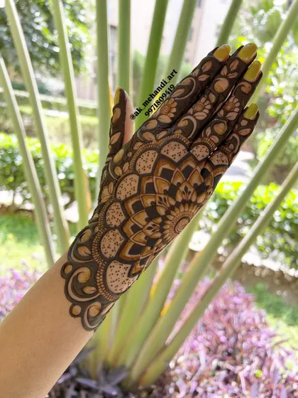 A beautiful back-hand design featuring a layered mandala pattern that covers the entire back of the hand.
