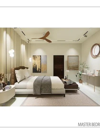 The master bedroom, showing the clean lines of the furniture and the soft, layered lighting scheme. We focused on creating a calm and uncluttered environment that promotes rest and relaxation.