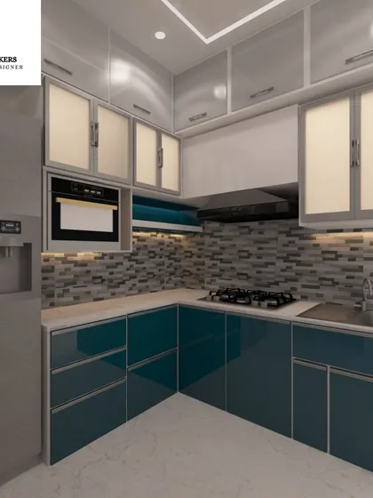 A 3D render of a sleek modular kitchen with teal and grey cabinets and a mosaic tile backsplash.