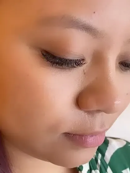 A side view of a custom volume lash set. You can see the density and fluffiness I create by applying lightweight fans to each natural lash.