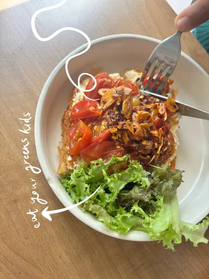 A little reminder to eat your greens, doodled right onto the photo. I can add fun, instructional text to your food pictures.