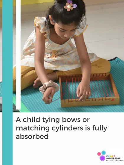 A child absorbed in the task of tying bows on a dressing frame is a perfect example of how everyday skills build focus and fine motor control.