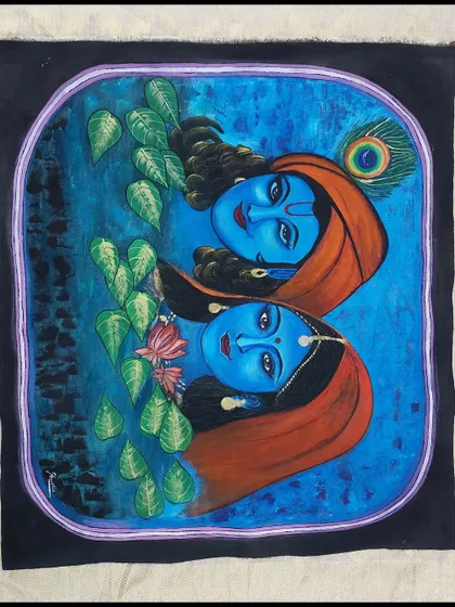 A finished Radha Krishna painting, ready to find a new home. This piece is filled with symbolism, from the peacock feather in Krishna's hair to the serene expressions, all set against a deep blue background. This artwork is available for purchase.