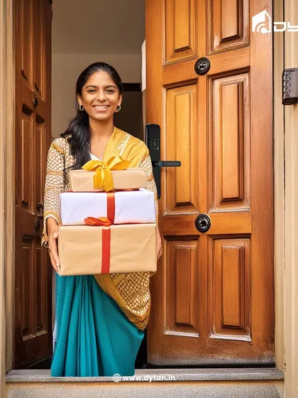 A smart lock makes every arrival and departure effortless. Here, a guest is welcomed into a secure home without the need for a physical key, showcasing true convenience.