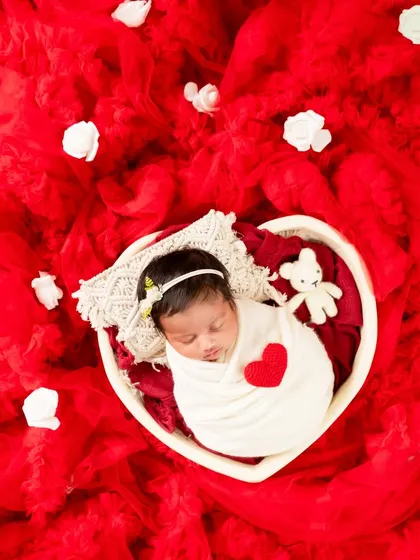A beautiful overhead shot of a newborn in a heart-shaped basket, surrounded by a sea of red fabric and scattered white rosebuds.
