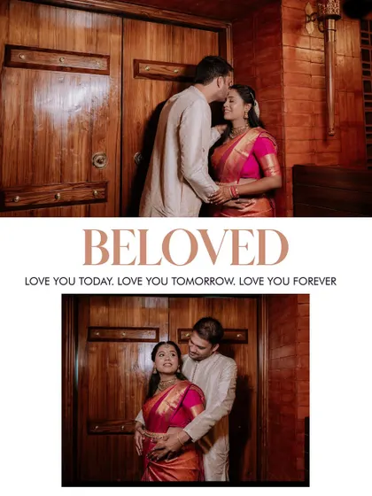 We love capturing the love story behind the baby bump. This collage shows a couple sharing tender moments during their traditional maternity shoot, dressed in elegant ethnic wear that complements the warm, wooden backdrop.
