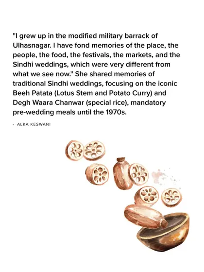 Alka Keswani shares the story of Beeh Patata (Lotus Stem and Potato Curry), a mandatory pre-wedding meal for Sindhi families in Ulhasnagar until the 1970s.