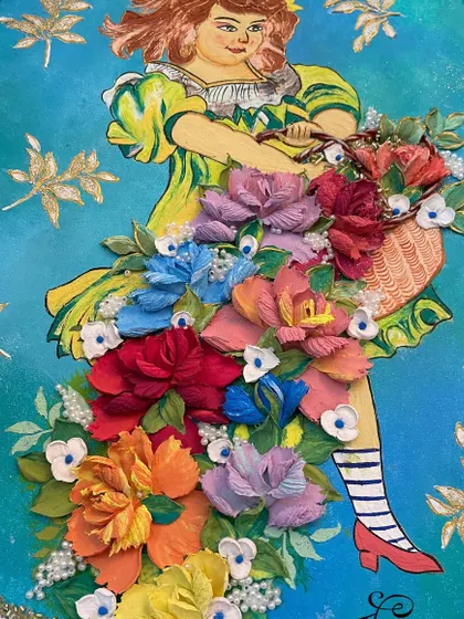 A closer view of the girl with the flower basket, focusing on the incredible volume of the sculpted flowers that cascade down the panel.
