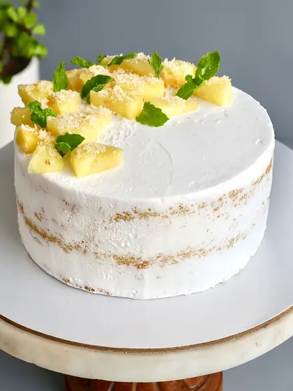 Escape to the tropics with my Coconut Pineapple Naked Cake. I use a soft coconut-vanilla sponge and fill it with a tangy pineapple compote and light whipped cream. Topped with fresh pineapple chunks, it’s a light and airy dessert perfect for any celebration.