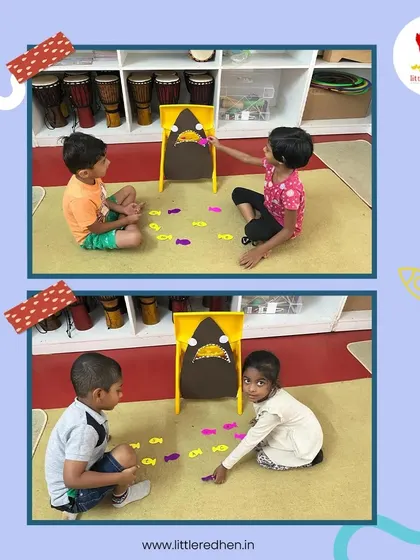 A collage of our "Feed the Shark" game. Children take turns tossing fish, learning about science concepts in an interactive and memorable way.