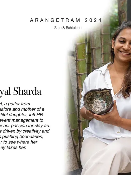 Payal, who left a career in HR to pursue her passion for clay, presents "The Potpourri of thoughts" at Arangetram. Her collection of vases, planters, and tableware reflects her affinity for patterns and color, creating pieces she would love to see in her own home.