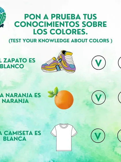 Final part of our color quiz. Are the shoes white ('blanco')? Is the orange orange ('naranja')? Test your knowledge of Spanish colors.