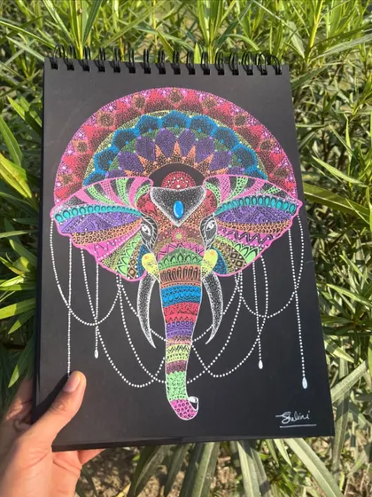 The completed elephant mandala, a spirit animal that brings strength and wisdom.