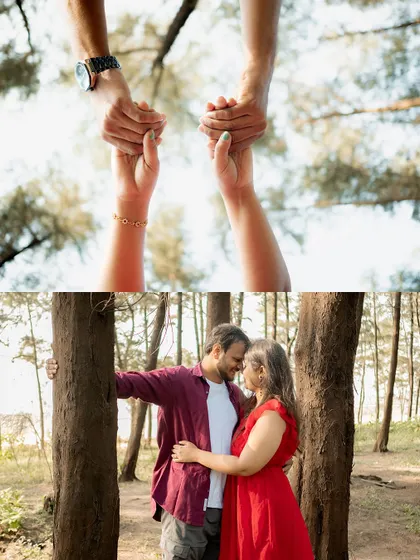 A pre-wedding collage showing a close-up of the couple holding hands and an intimate embrace between the trees, emphasizing their connection.