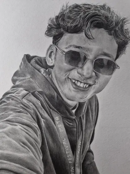 A paid commission of a smiling man in a hoodie and sunglasses. I enjoy drawing candid, happy expressions that bring the portrait to life.