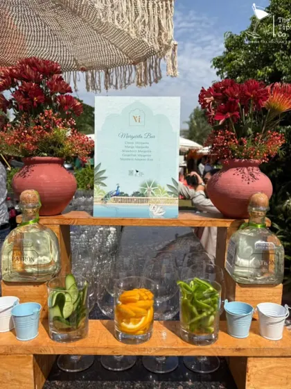 This collage shows the versatility of our bar setups. We can create custom branding on glassware, prepare artistic fruit garnishes, and design unique displays for shots and cocktails, all under thematic lighting.