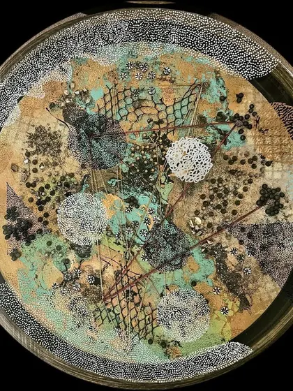 Another of Nandita Chaudhuri's 'Alchemical Circles,' where organic textures and thread-work geometry pulse like maps of unseen emotional terrain.