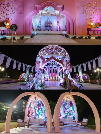 This collage displays a range of opulent decor elements from a single wedding, including a grand stage with traditional motifs, a massive dome structure for an entrance, and floral-filled arches for photo opportunities.