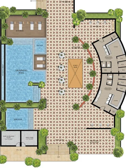A render of a farmhouse swimming pool and lounge area. The plan includes a large pool, a kids' pool, a wooden deck for sunbathing, and an adjacent curved structure for changing rooms and a bar.
