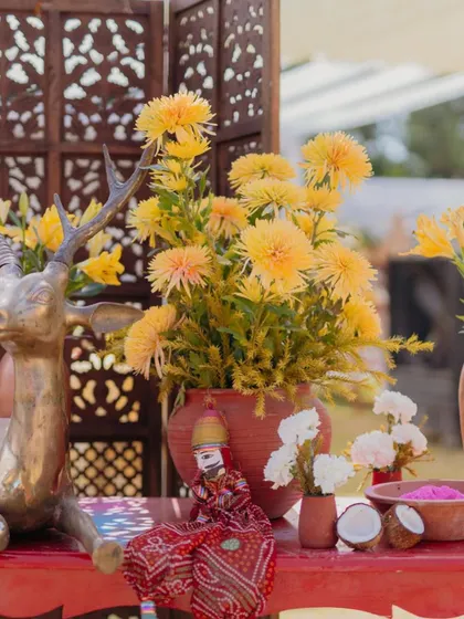These images and videos showcase the rich variety of details, floral arrangements, and decor elements that bring our vibrant Haldi and Mehendi celebrations to life.