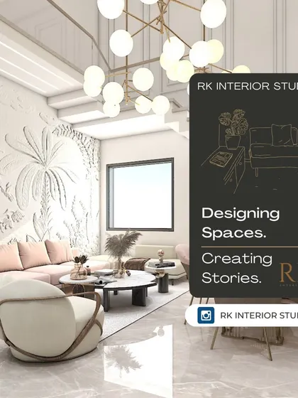 A promotional graphic showcasing my design philosophy: "Designing Spaces. Creating Stories." It features a beautifully rendered living room as a backdrop.