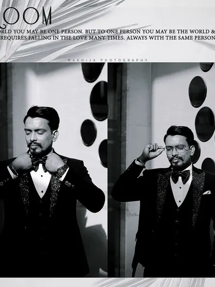 A dapper black and white collage of the groom getting ready for his Sagan. Adjusting his bow tie, these shots capture the final touches that complete his look.