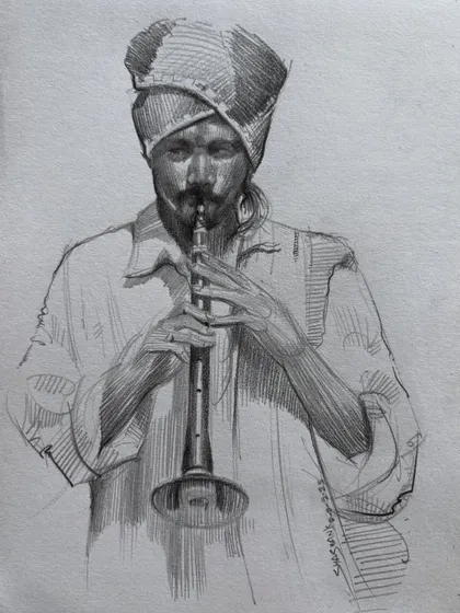 A detailed pencil drawing of a shehnai player, focusing on the hands, instrument, and facial expression.
