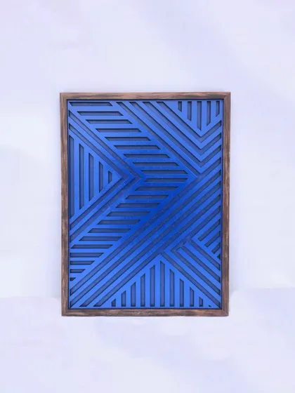 A single panel from the blue mountain triptych, showcasing the abstract geometric pattern. Even as a standalone piece, it makes a strong modern statement.