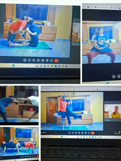 This collage showcases partner poses from a prenatal yoga session. Involving the partner helps build a supportive environment and deepens the connection during this special time.