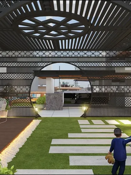 A 3D render for a terrace in Bhiwani, Haryana, featuring an intricate CNC-cut structure that creates a dramatic arched entrance to a seating area.