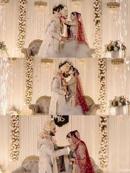 A sequence of the Varmala ceremony, capturing the exchange of garlands and the celebratory kiss.