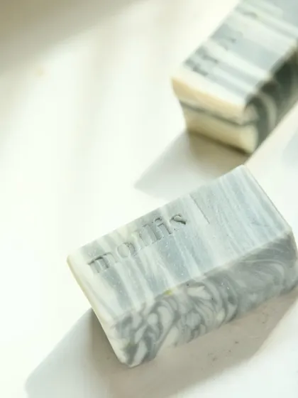 A breath of fresh air in soap form. This is my Minty Breeze bar, with beautiful grey and white swirls from natural clays.