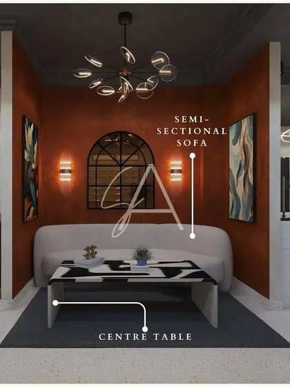 This is a display pod within a furniture experience center. We used a bold terracotta wall and a dramatic chandelier to create a moody, theatrical setting for this semi-sectional sofa and abstract coffee table.