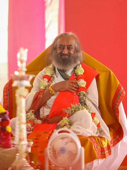 A moment of serene joy during the Rishi Homa on the ninth day of Navratri. The presence of the Master during these ancient ceremonies amplifies their effect, bringing deep peace and blessings to all.