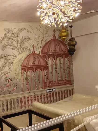 A closer look at the pink gazebos in the premium canvas mural. The soft colors and delicate details create a dreamy, romantic atmosphere.