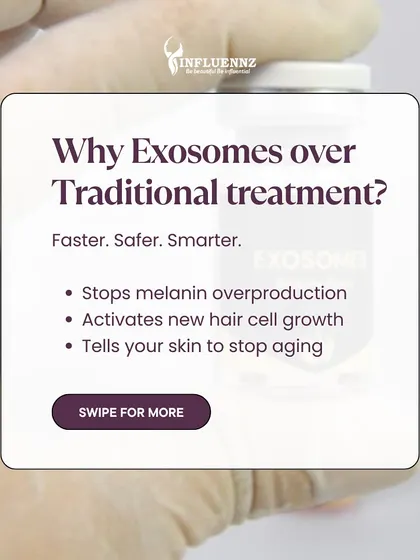 This graphic explains why Exosomes are a smarter choice than many traditional treatments. They work by signaling your cells to activate new hair growth, stop melanin overproduction, and even slow down the aging process.