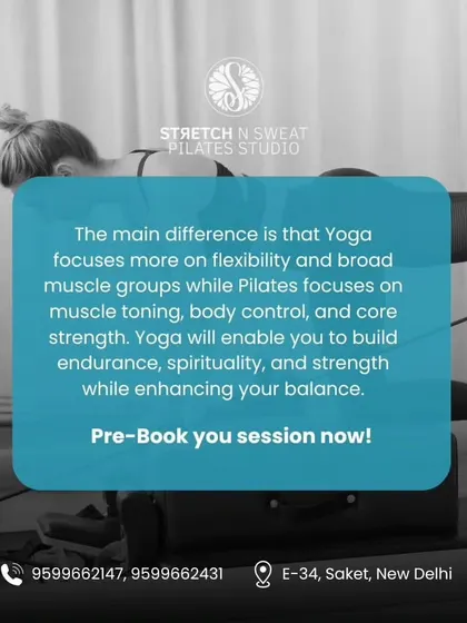 This graphic explains that while Yoga focuses on flexibility and broad muscle groups, Pilates hones in on muscle toning, body control, and core strength.
