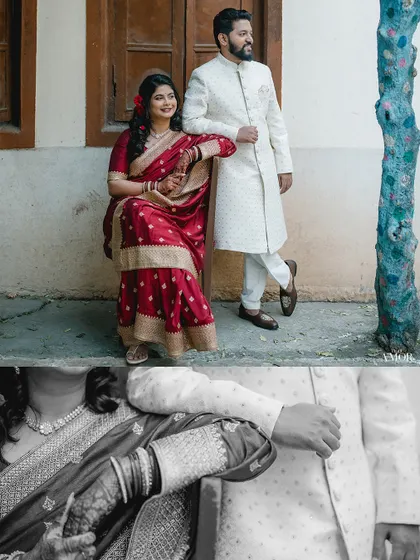 A creative collage combining a color portrait of the couple with a black and white detail shot of their hands.