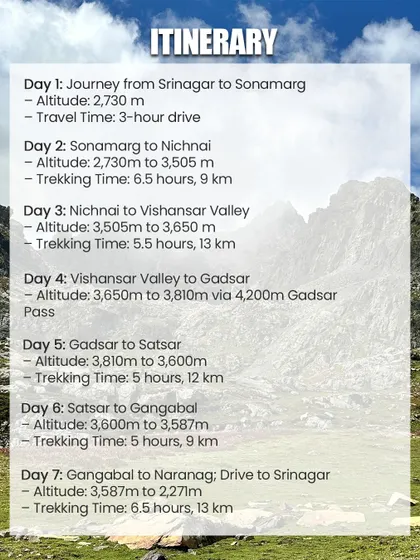 The day-by-day itinerary for our 7-day Kashmir Great Lakes trek. We guide you through a series of stunning alpine lakes, including Vishansar and Gangabal, with manageable trekking times each day.
