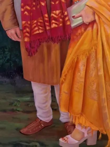 A close-up detail from a large commissioned painting. I believe that capturing the texture of clothing, like the folds of this kurta and the pattern of the scarf, is just as important as the facial expression.
